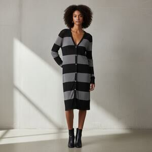 BROCHU WALKER Cardigan Sweater dress Gray Black Stripe Knit Size Medium